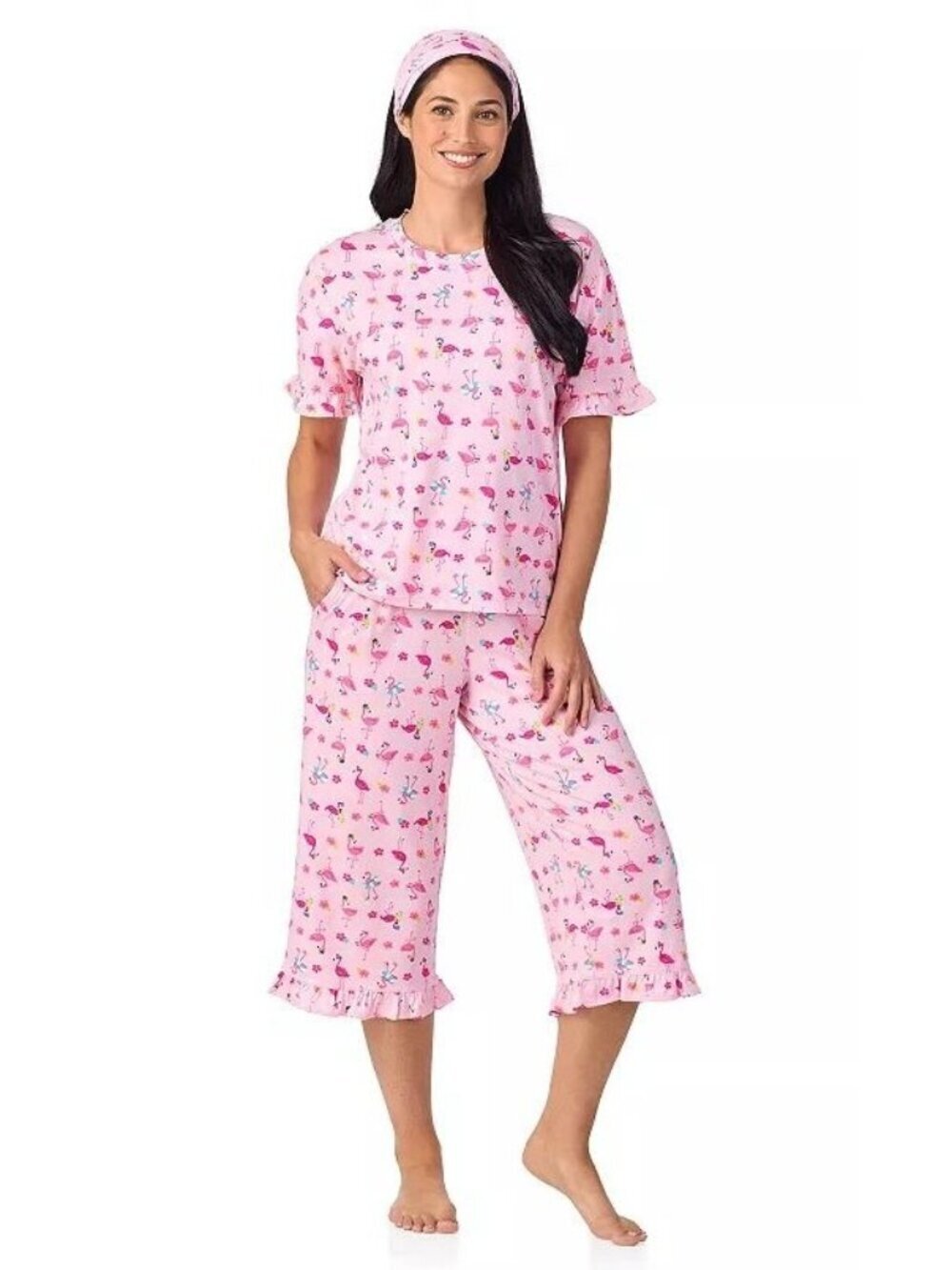 Cuddl Duds Womens Pink Flamingo Short Sleeve Crop Pajamas Headband 3 Pc Set Sz M